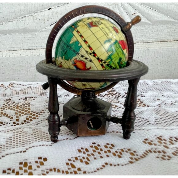 Vintage 1970s Miniature World Globe Pencil Sharpener Metal - Picture 1 of 6